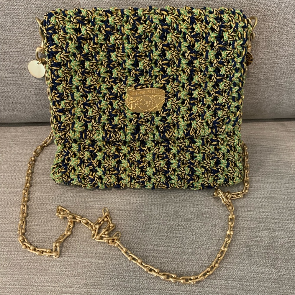 Clare V Ramya Green + Navy Crochet Bag